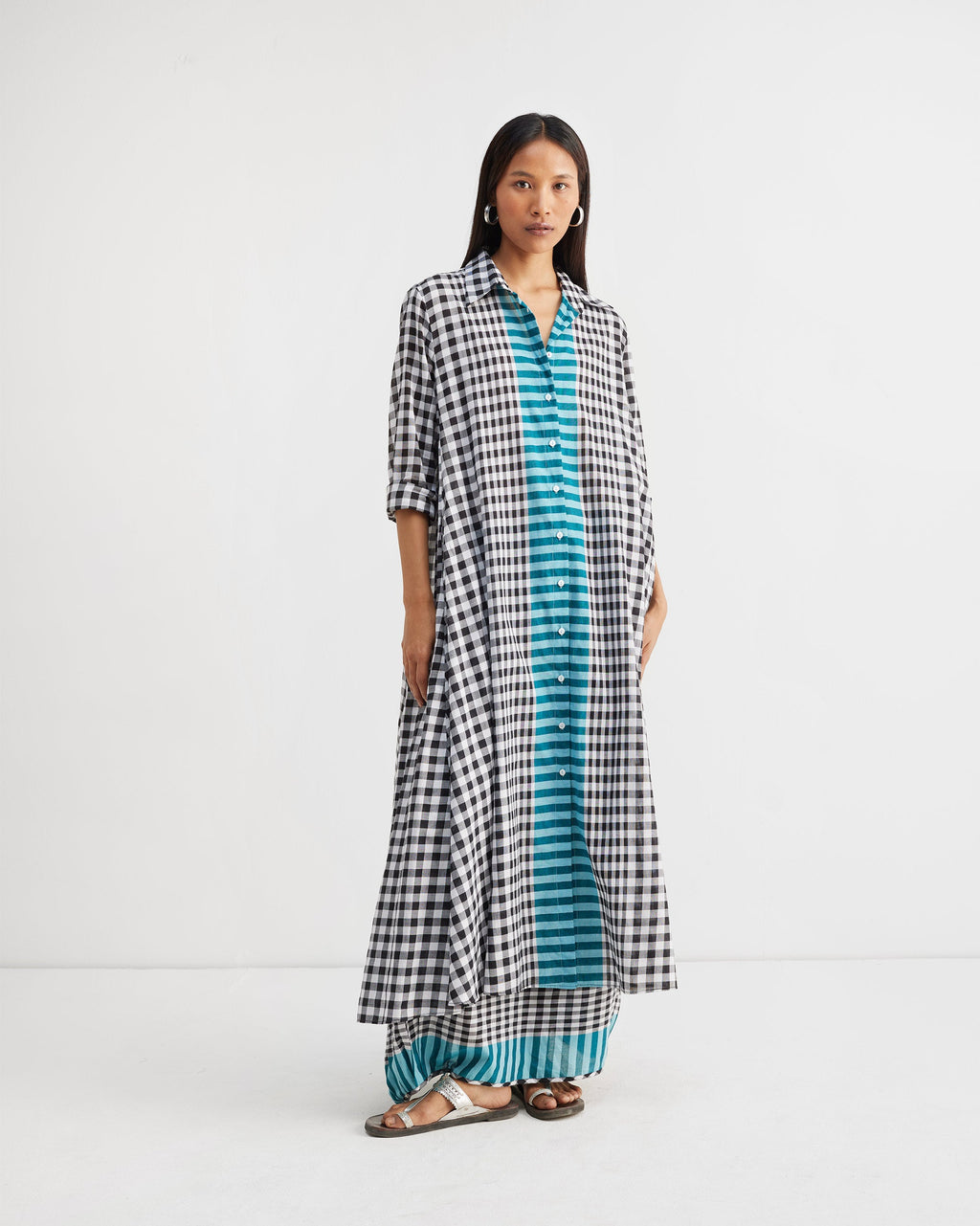 Shirt Collar Kurta - Black & White Checks