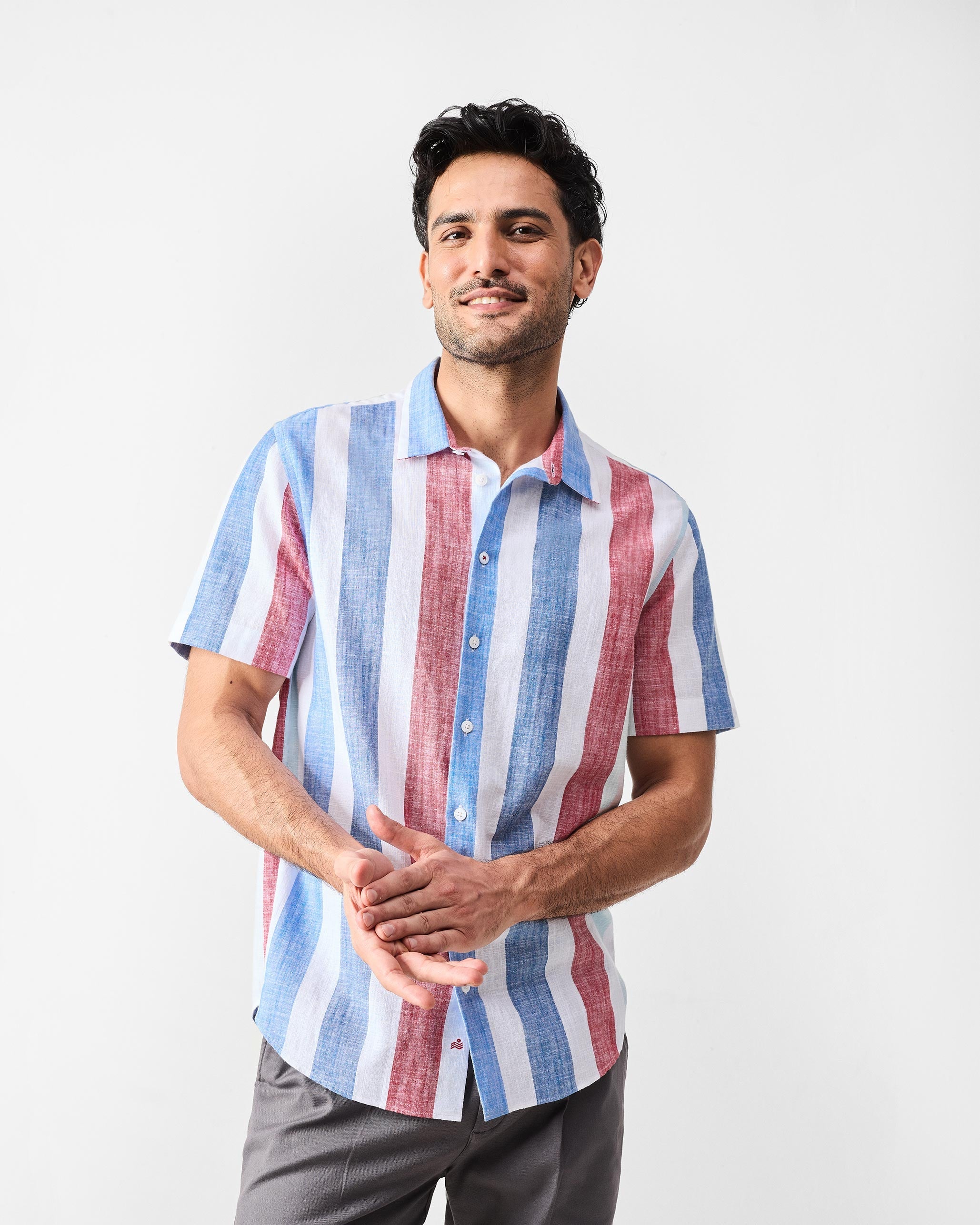 Half Sleeves Shirt - Blue & Red Stripes