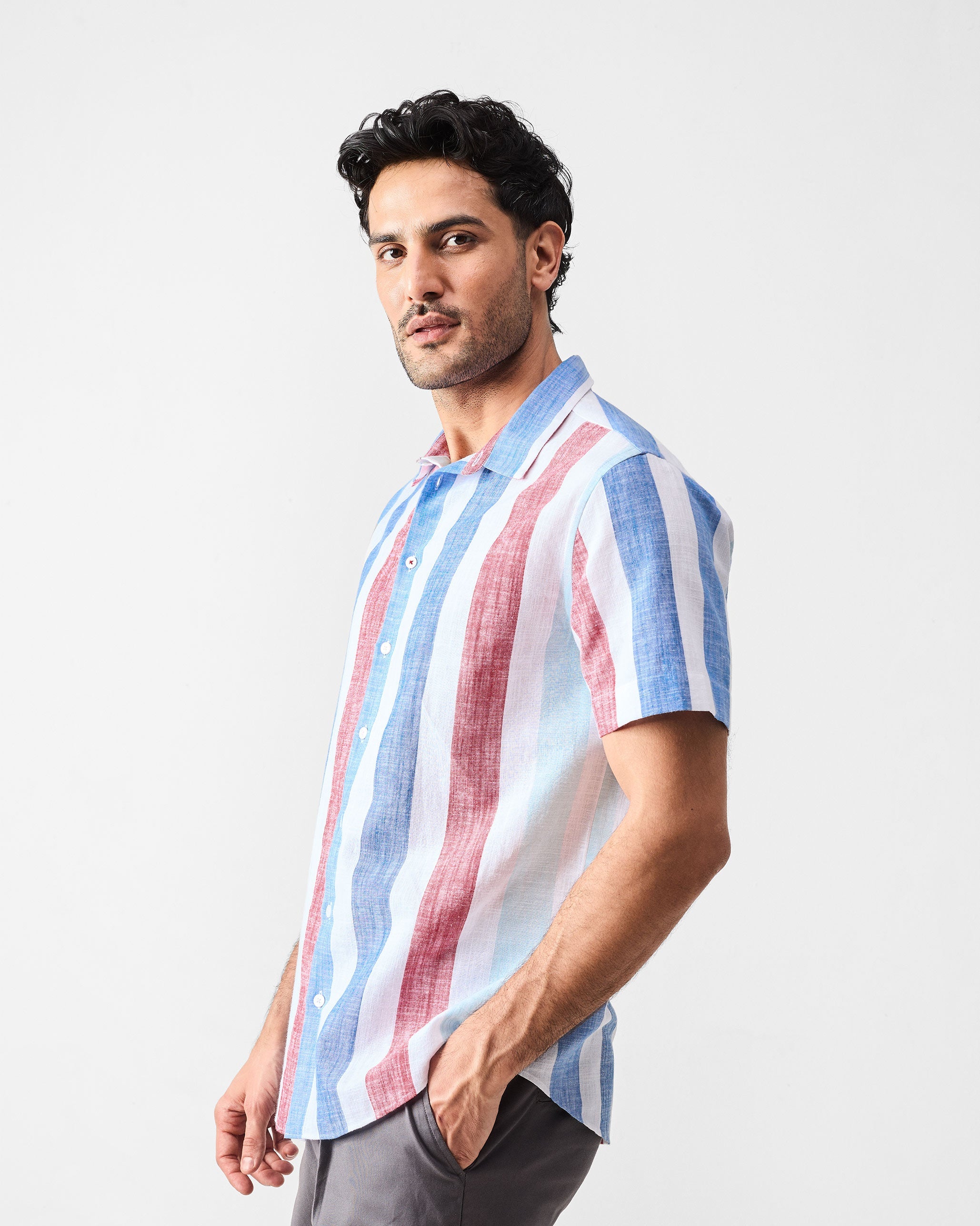 Half Sleeves Shirt - Blue & Red Stripes