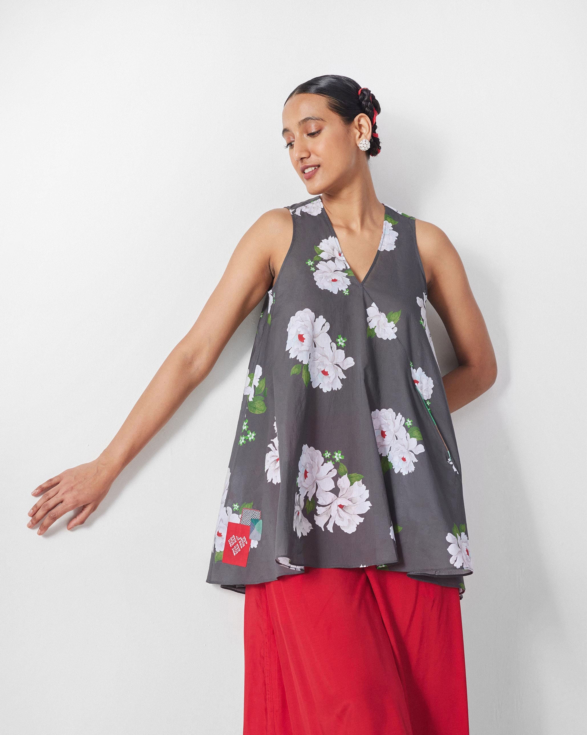 Lantern Top - Charcoal & Ivory Print