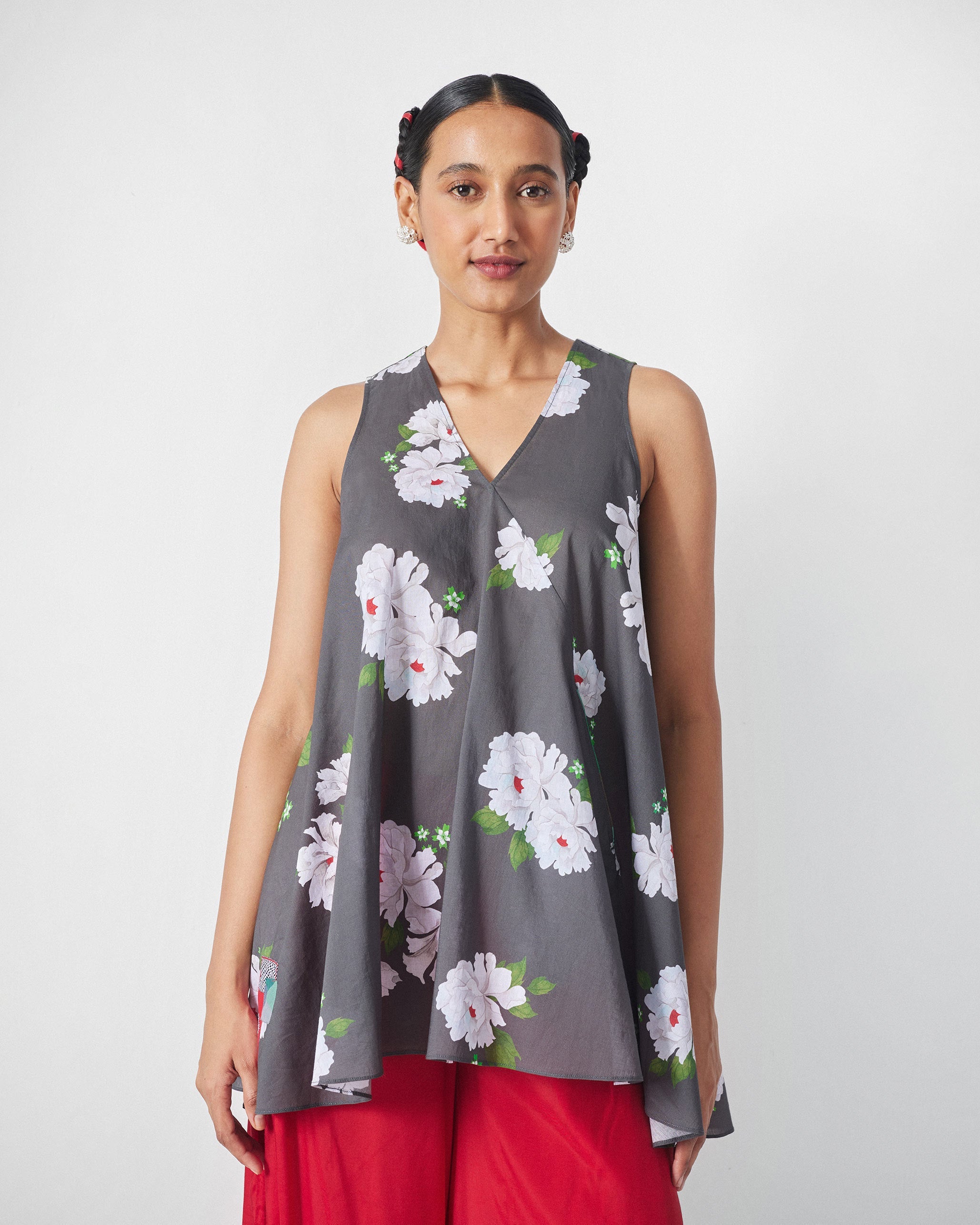 Lantern Top - Charcoal & Ivory Print