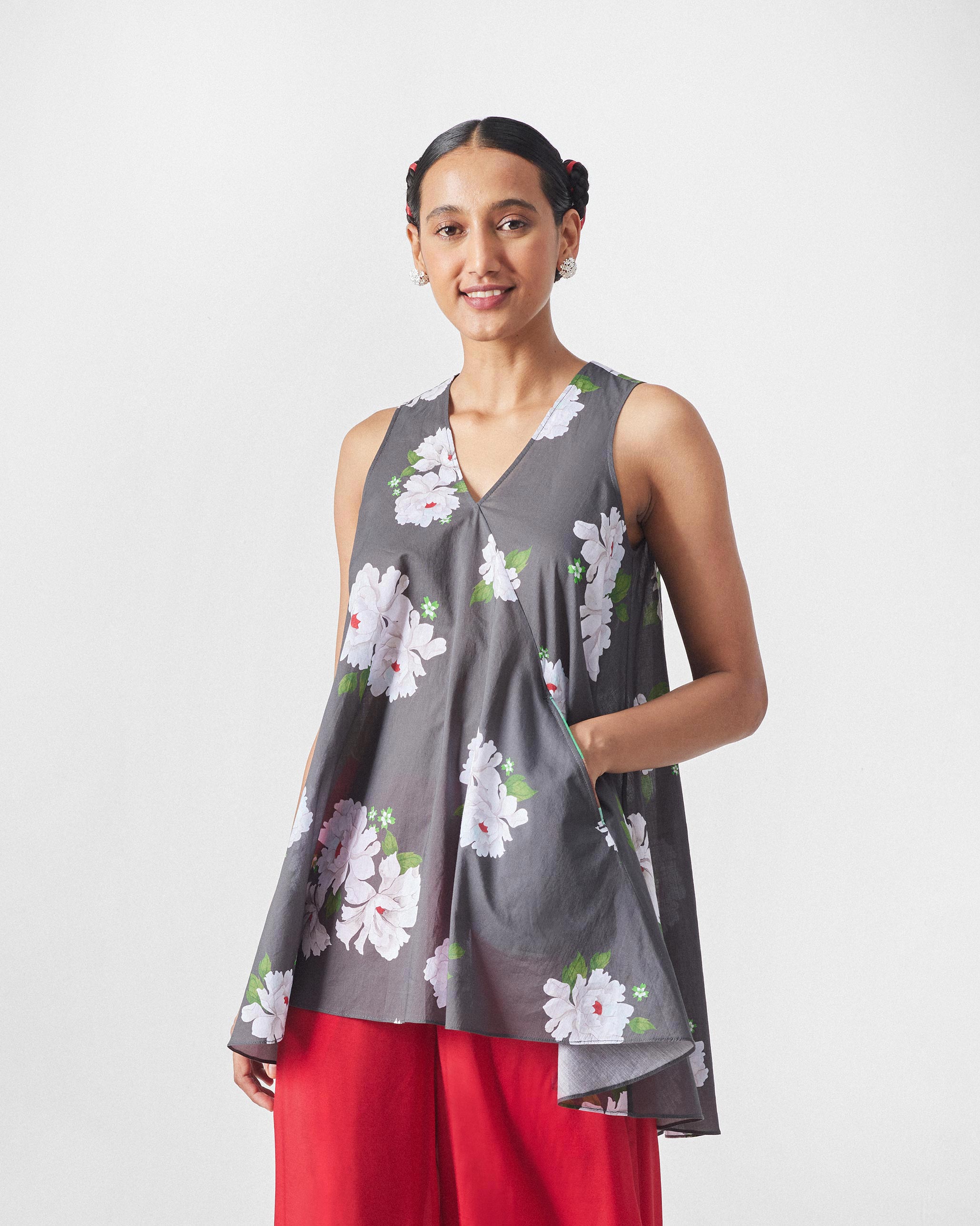 Lantern Top - Charcoal & Ivory Print