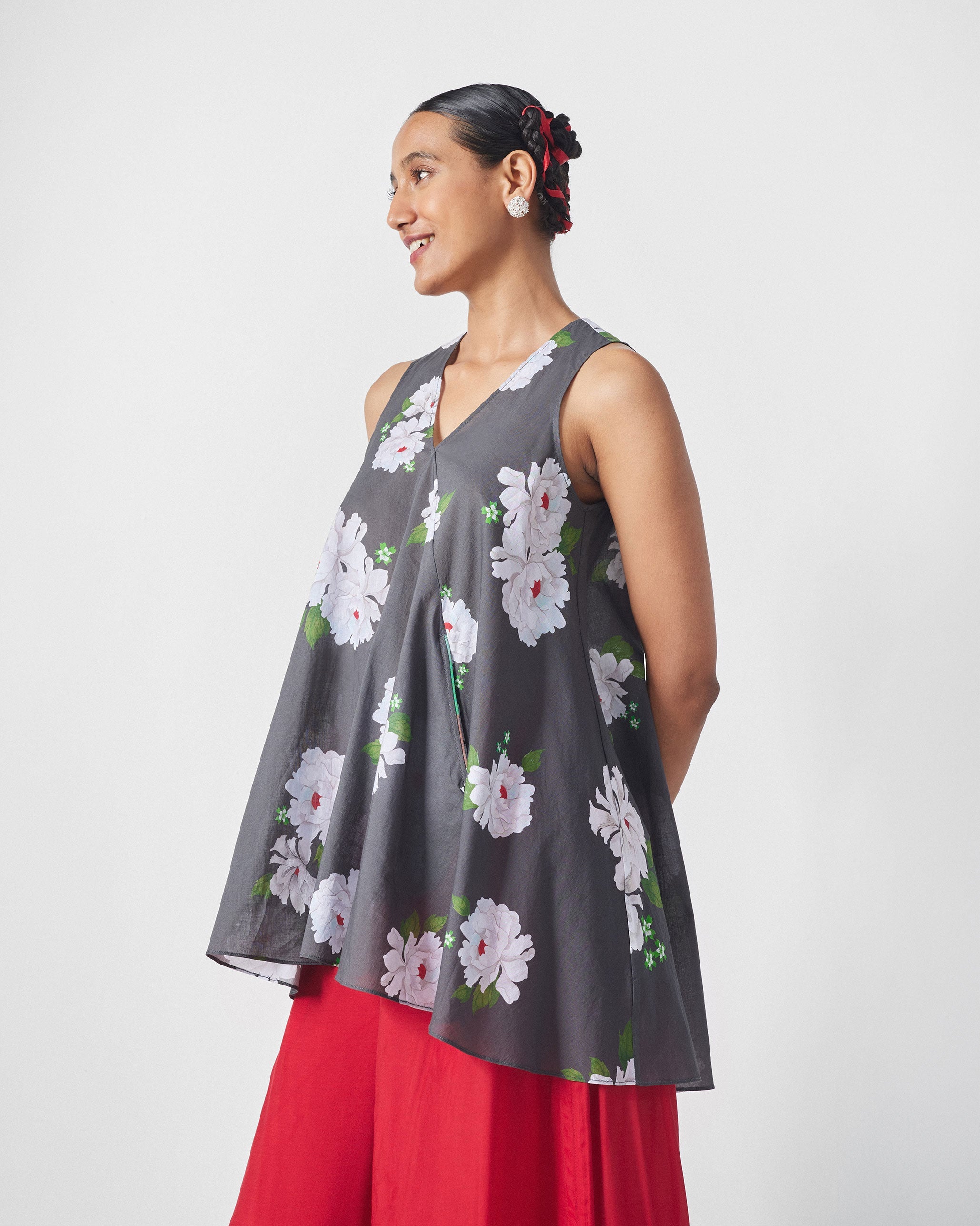 Lantern Top - Charcoal & Ivory Print