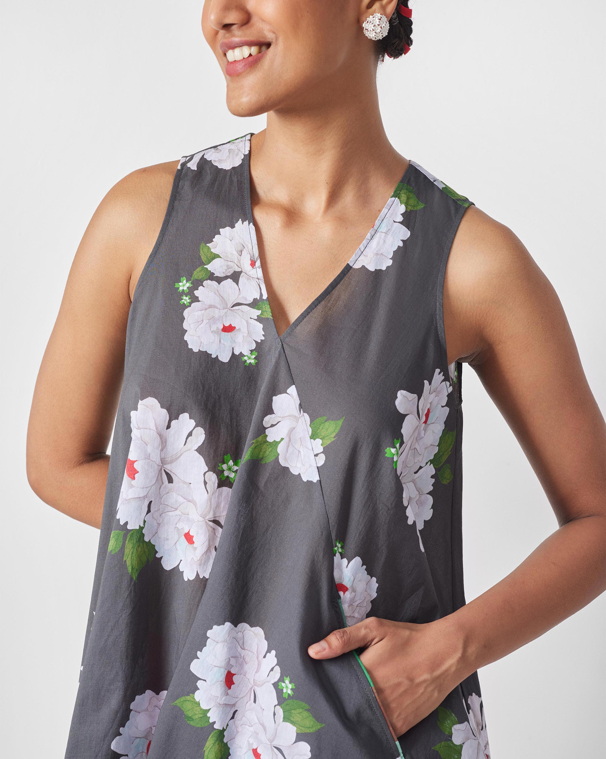 Lantern Top - Charcoal & Ivory Print