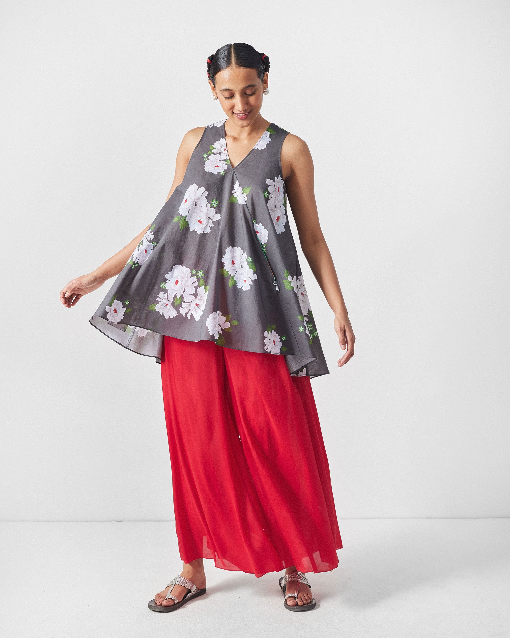 Lantern Top - Charcoal & Ivory Print