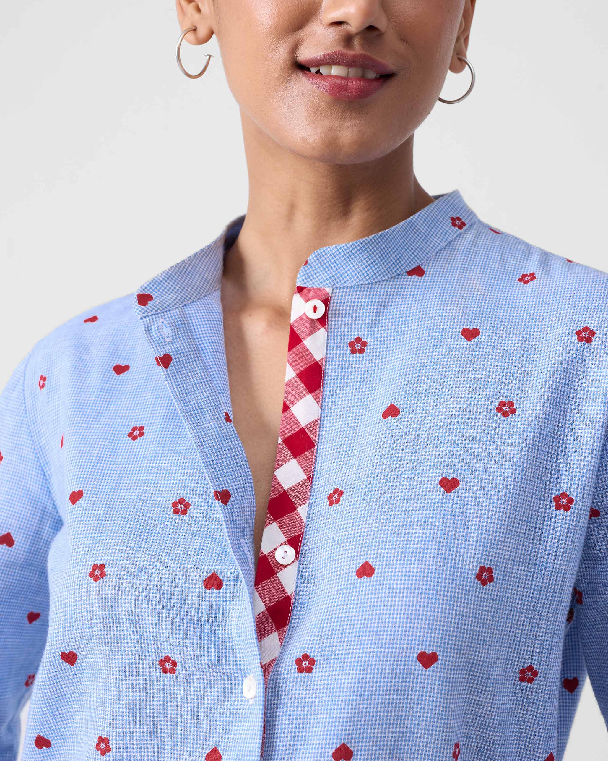 Basic Long Length Kurta - Blue & Red Print