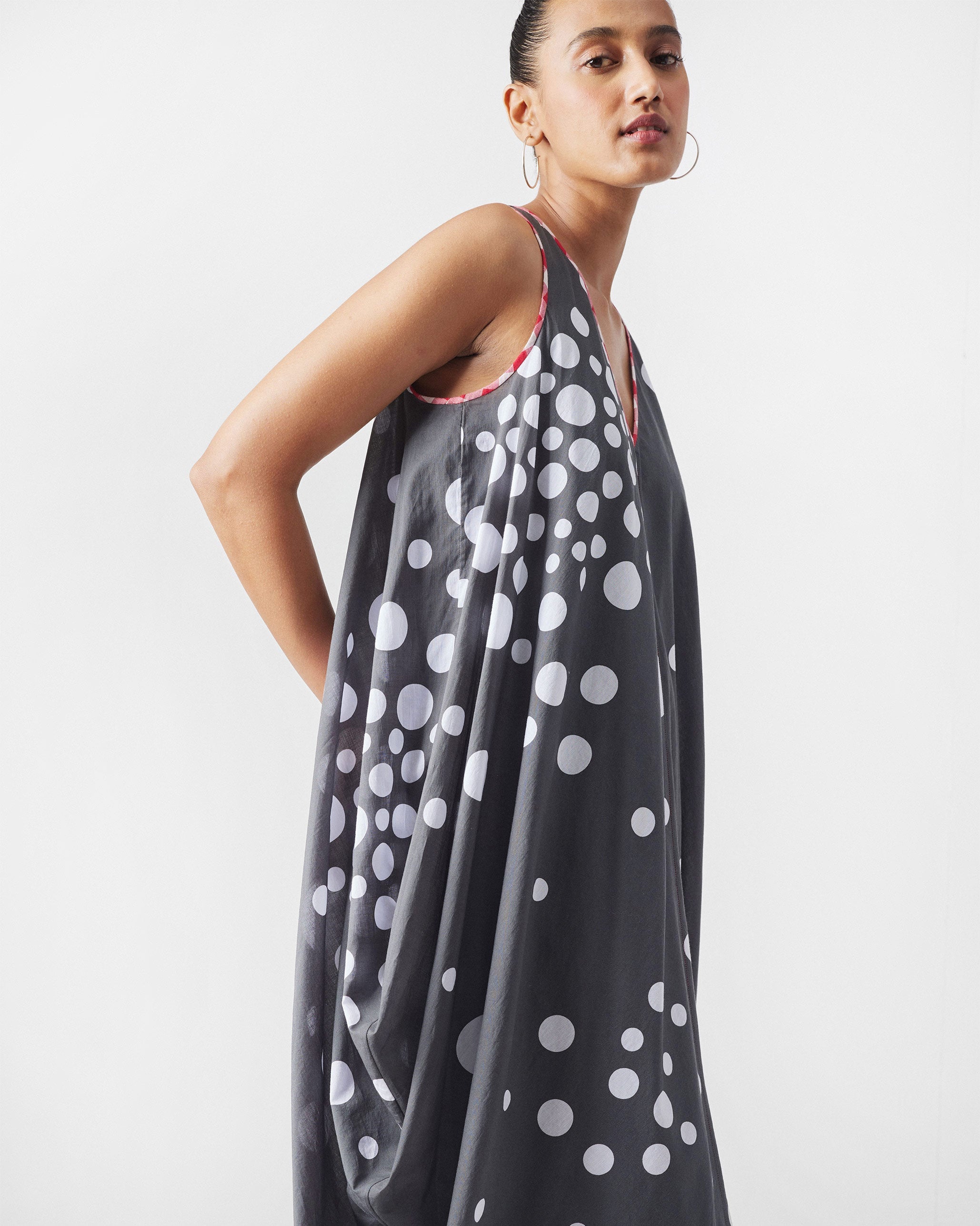 Cowl Dress with Slip - Charcoal & White Print