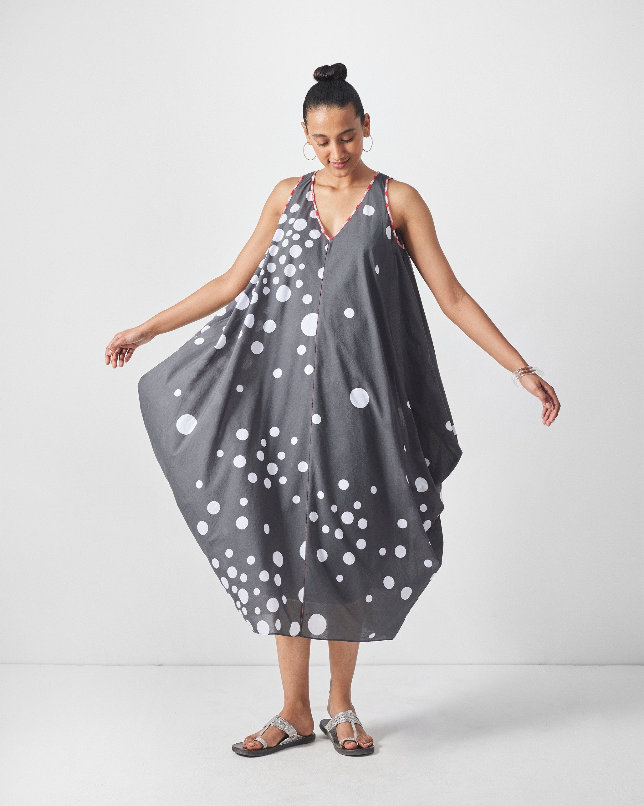 Cowl Dress with Slip - Charcoal & White Print