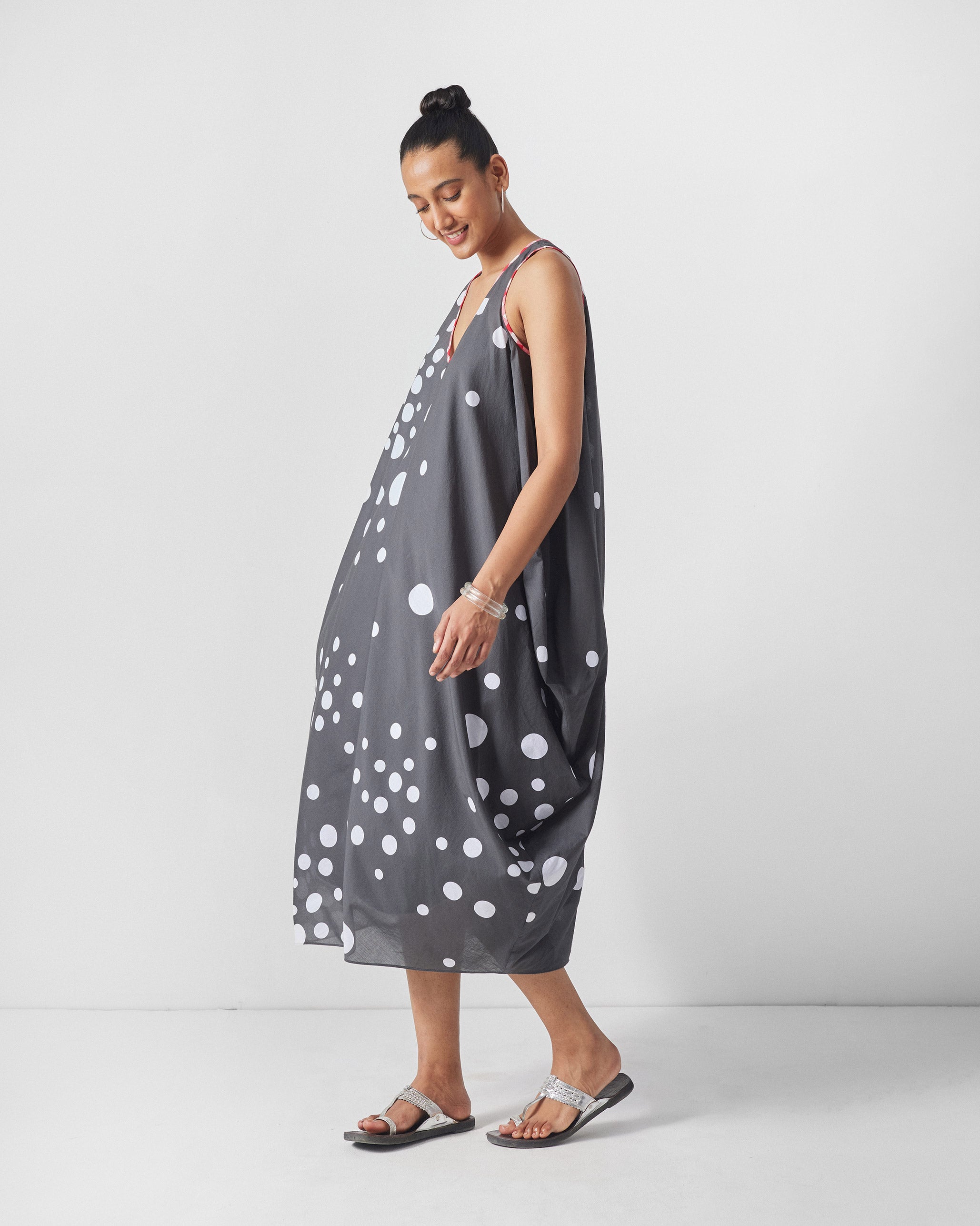 Cowl Dress with Slip - Charcoal & White Print