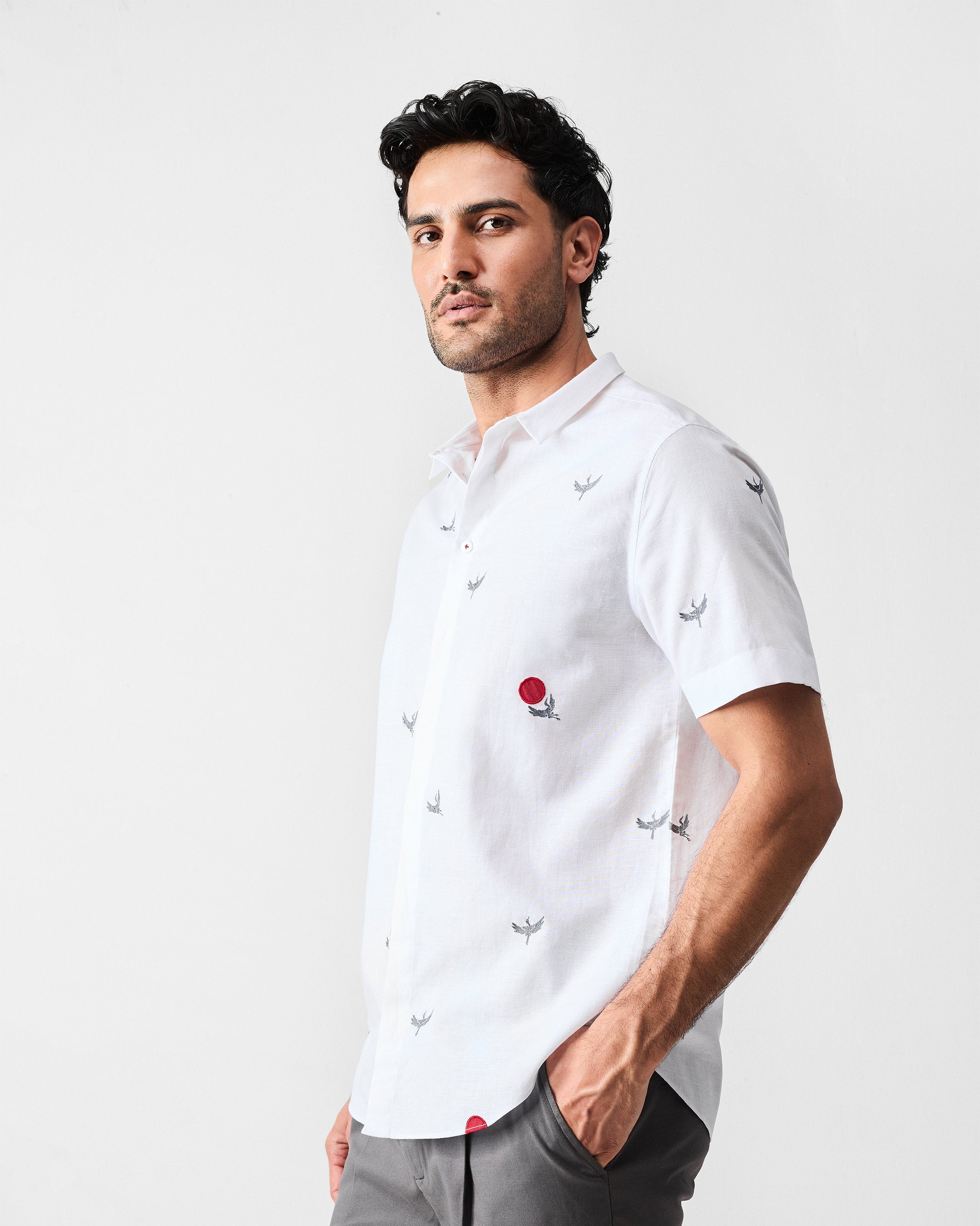 Riverline Shirt - White & Red Embroidered