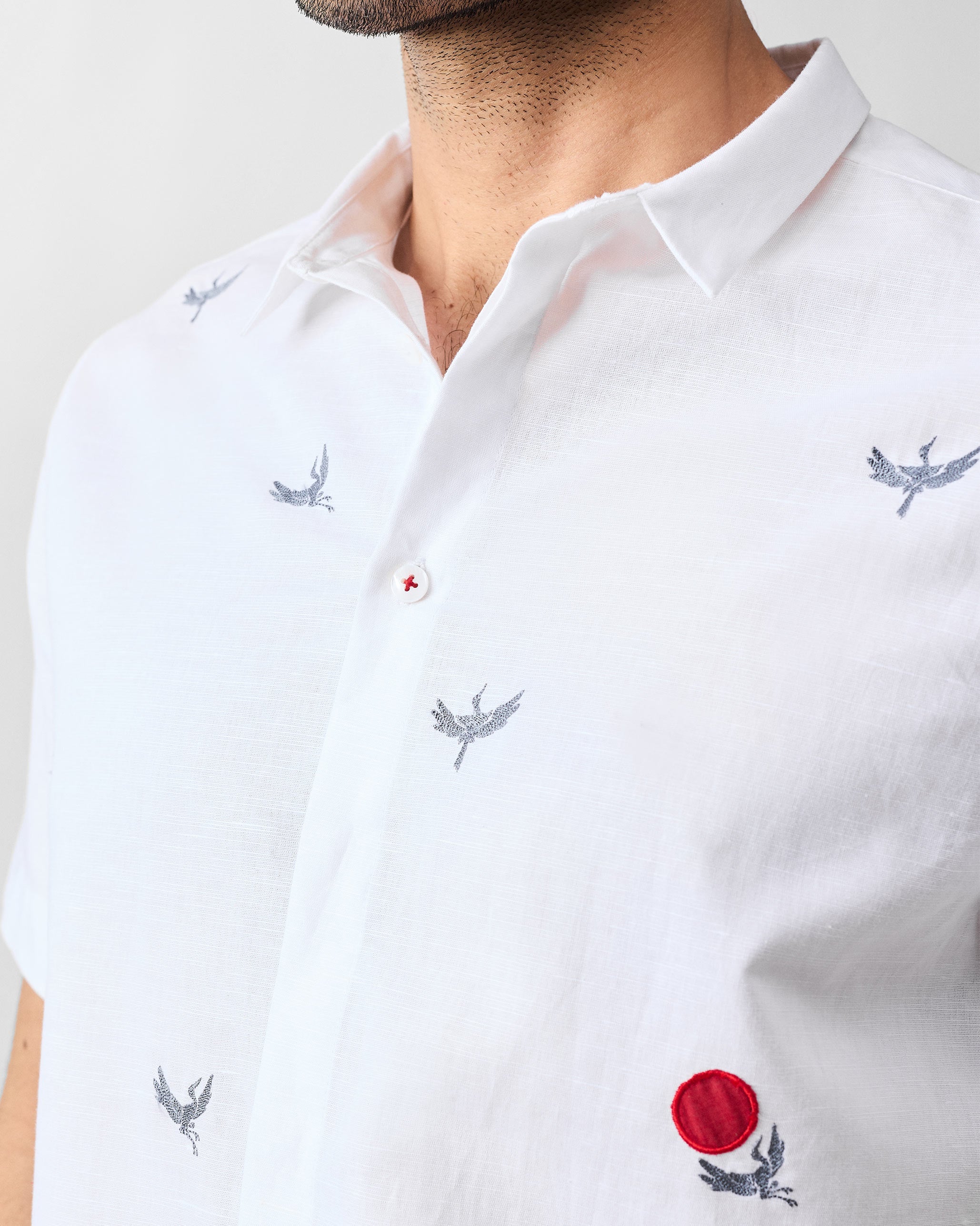 Riverline Shirt - White & Red Embroidered