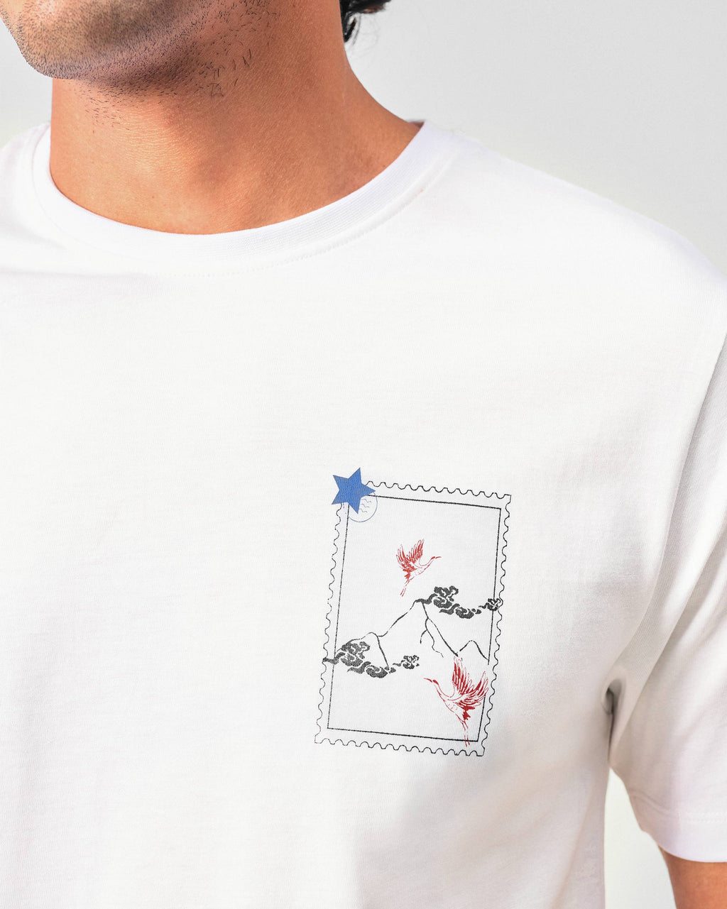 Fuji Flying Crane T-shirt - White & Red Crane