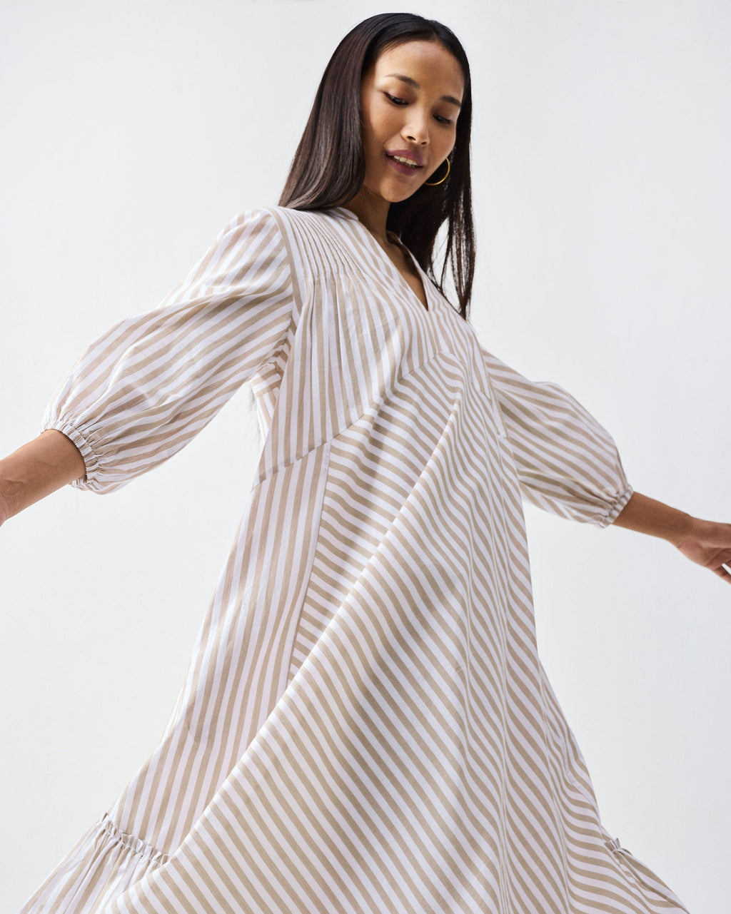 Summer Tea Dress - Khaki & White Stripes